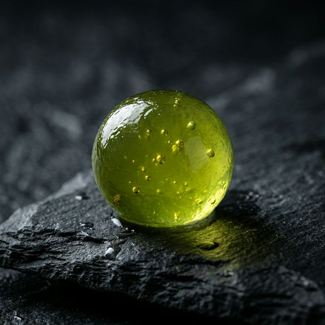 A glowing lime-green caviar sphere representing clarity