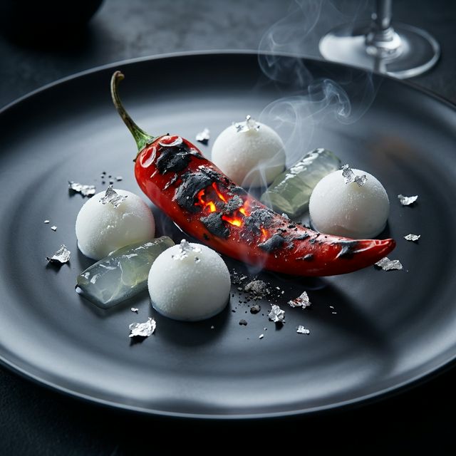 Charred chili pepper paired with cryo-yogurt spheres